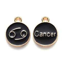 Alloy Enamel Pendants, Cadmium Free & Lead Free, Flat Round with Constellation, Light Gold, Black, Cancer, 22x18x2mm, Hole: 1.5mm(ENAM-S124-01A-08D)