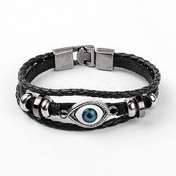 Multi- Strand Leather Cord Bracelets, with Alloy Findings, Evil Eye, Black, 220mm(8-5/8 inch)(X-BJEW-D423-06A)