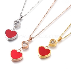 304 Stainless Steel Pendant Necklaces, with Plastic and Rhinestone, Heart, Red, Mixed Color, 15-7/8~16-1/2 inch(40.3~42cm)(NJEW-I240-11B)