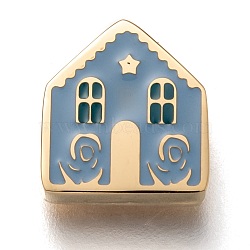 304 Stainless Steel Slide Charms, Enamel Style, House, Light Steel Blue, Golden, 12x11x3.5mm, Hole: 8x1.5mm(STAS-P270-41G-01)