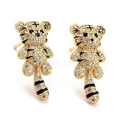 Tiger Chinese Zodiac Cubic Zirconia Stud Earrings, Real 18K Gold Plated Brass Earrings for Women, Lead Free & Cadmium Free, Clear, 20x10mm, Pin: 0.8mm(EJEW-E167-20G)