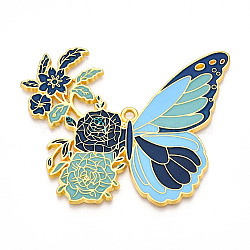 Rack Plating Alloy Enamel Big Pendants, Cadmium Free & Nickel Free & Lead Free, Butterfly with Flower Charms, Golden, Marine Blue, 56x69.5x2mm, Hole: 2.5mm(ENAM-N056-399D-G)