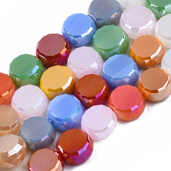 Electroplate Opaque Glass Beads Strands, AB Color Plated, Faceted, Flat Round, Colorful, 7~8x3.5~5mm, Hole: 1mm, about 70pcs/strand, 19.69 inch(50cm)