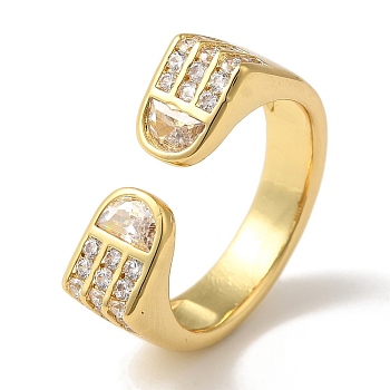 Arch Rack Plating Brass Micro Pave Cubic Zirconia Cuff Rings for Women, Cadmium Free & Lead Free, Long-Lasting Plated, Real 18K Gold Plated, Clear, Inner Diameter: 17mm