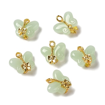 Imitation Jade Glass Pendants, with Alloy Finding, Butterfly with Bowknot Charm, Golden, 15x14.5x7~8mm, Hole: 1.6mm