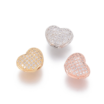 Brass Micro Pave Cubic Zirconia Beads, Hollow, Heart, Clear, Mixed Color, 9x11x5.5mm, Hole: 1.5mm