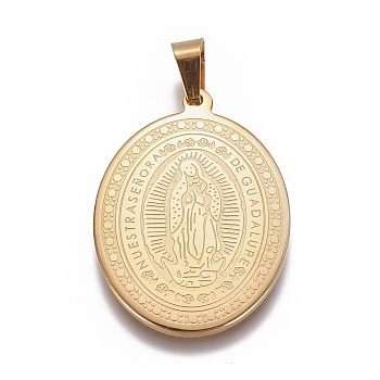 304 Stainless Steel Lady of Guadalupe Pendants, Oval with Virgin Mary, Golden, 39x28x2mm, Hole: 4.5x8mm