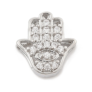 Brass Micro Pave Clear Cubic Zirconia Slide Charms, Long-Lasting Plated, Hamsa Hand, Platinum, 12.5x12x4.5mm, Hole: 10x1.5mm