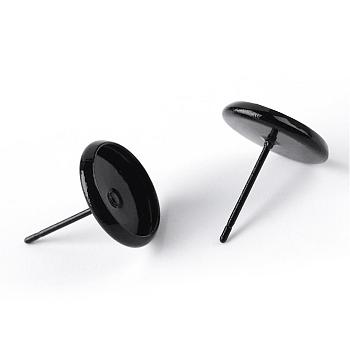 Spray Painted Brass Stud Earring Settings, with Iron Pins, Black, Tray: 10mm, 12mm, Pin: 0.8mm