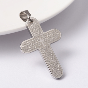 304 Stainless Steel Pendants, Cross with Lord's Prayero, Stainless Steel Color, 37x25.5x2mm, Hole: 9x5mm