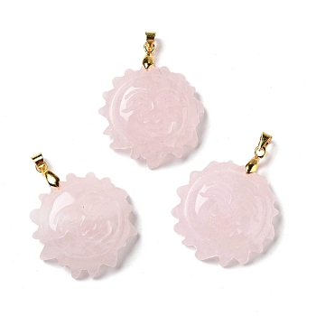 Natural Rose Quartz Pendants, with Golden Tone Brass Findings, Lead Free & Cadmium Free, Sun with Smiling Face, 36x29~29.5x9.5mm, Hole: 4x5mm