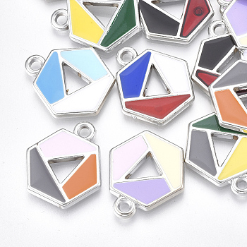 UV Plating Acrylic Pendants, with Enamel, Hexagon, Mixed Color, Platinum, 21x19x2mm, Hole: 2mm