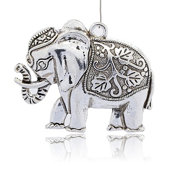 Tibetan Style Alloy Animal Big Pendants, Elephant Necklace Charms, Antique Silver, 55x69x8mm, Hole: 4mm