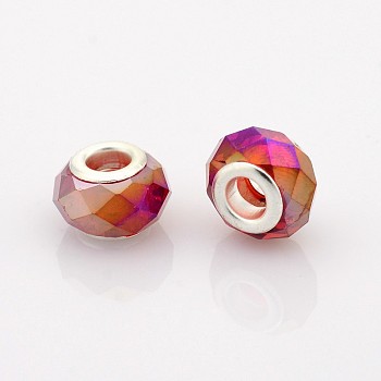 AB Color Plated Glass European Beads, Large Hole Rondelle Beads, with Silver Color Plated Brass Cores, Faceted, Red, 14x9mm, Hole: 5mm