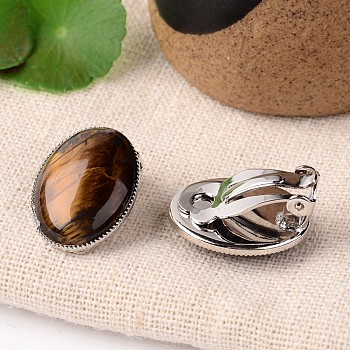 Natural Tiger Eye Oval Clip-on Earrings, with Platinum Plated Brass Findings, 21x15mm