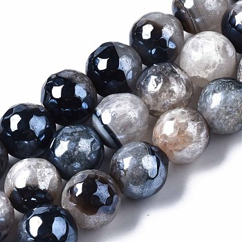 Natural Agate Beads Strands, Pearl Luster Plated, Faceted, Round, Dark Blue, 12mm, Hole: 1.6mm, about 30~33pcs/strand, 13.70~15.75 inch(34.8~40cm)