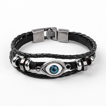 Multi- Strand Leather Cord Bracelets, with Alloy Findings, Evil Eye, Black, 220mm(8-5/8 inch)