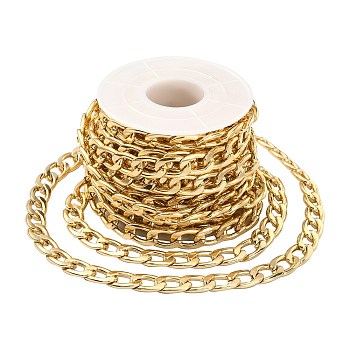Aluminium Curb Chains, Cuban Link Chains, Unwelded, with Spool, Golden, 13x8x2.3mm, about 16.40 Feet(5m)/Roll