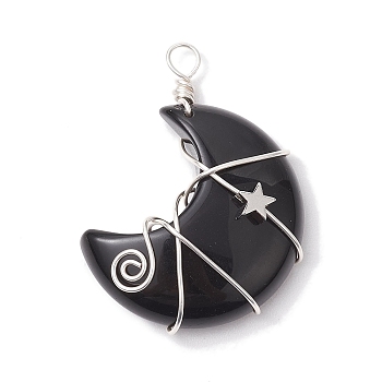 Natural Obsidian Copper Wire Wrapped Pendants, Moon with Star Charms, Platinum, 44.5x35x11.5mm, Hole: 4mm