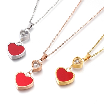 304 Stainless Steel Pendant Necklaces, with Plastic and Rhinestone, Heart, Red, Mixed Color, 15-7/8~16-1/2 inch(40.3~42cm)