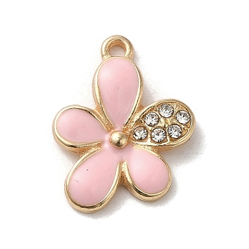 Flower Alloy Enamel Pendants, with Rhinestone, Light Gold, Pink, 17.5x13x2.5mm, Hole: 1.4mm