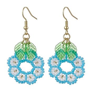 Handmade Seed Beads Dangle Earrings, Flower and Leaf, Light Blue, 53.5x24mm