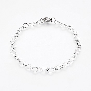 304 Stainless Steel Chain Bracelets, with Lobster Claw Clasps, Heart, Stainless Steel Color, 8-1/8 inch(20.5cm)