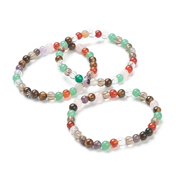 Natural Mixed Wealth Stone Beaded Stretch Bracelets, Round, Beads: 6~6.5mm, Inner Diameter: 2-1/4 inch(5.55cm)