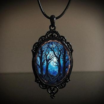 Oval Gothic Alloy Glass Halloween Pendant Necklaces for Women, Black, Tree of Life, 17.72 inch(45cm)