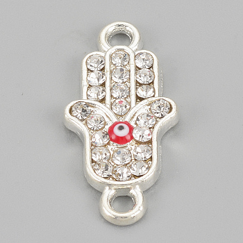 Alloy Rhinestone Links connectors, Cadmium Free & Lead Free, Hamsa Hand/Hand of Fatima/Hand of Miriam with Evil Eye, Red, Silver Color Plated, 22x10.5x2mm, Hole: 1.5mm