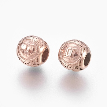 316 Surgical Stainless Steel European Beads, Large Hole Beads, Rondelle with Constellations Gemini, Rose Gold, 10x9mm, Hole: 4mm