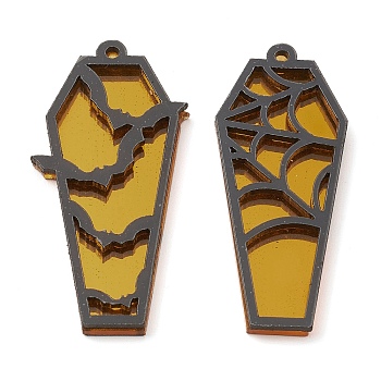 Opaque Acrylic Pendants, Coffin with Bat and Spider Web, for Halloween, Yellow, 47.5x20x3.5mm, Hole: 1.6mm, 2pcs/set