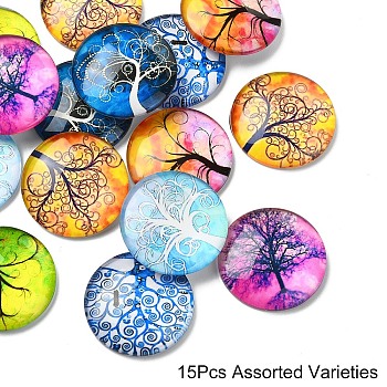 15Pcs Half Round with Tree Pattern Glass Flatback Cabochons for DIY Projects, Mixed Color, 25x6mm