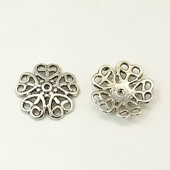 Tibetan Style Alloy Bead Caps, Flower, 5-Petal, Lead Free and Cadmium Free, Antique Silver, 18x4mm, Hole: 1.5mm