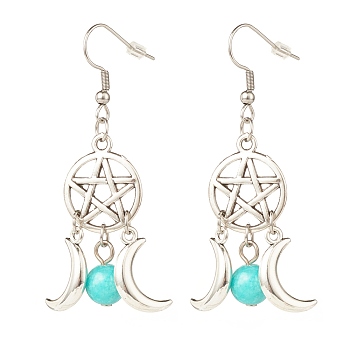 Woven Net with Natural Mashan Jade Dangle Earrings, Alloy Moon and Star Earrings for Women, 58mm, Pin: 0.7mm