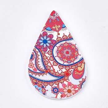 Printed Wooden Big Pendants, Dyed, teardrop, Colorful, 59x36x2.5mm, Hole: 1.5mm