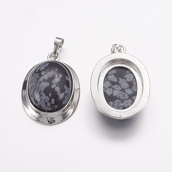 Natural Snowflake Obsidian Pendants, with Platinum Tone Alloy Findings, Oval, 37x25x10mm, Hole: 4x8mm