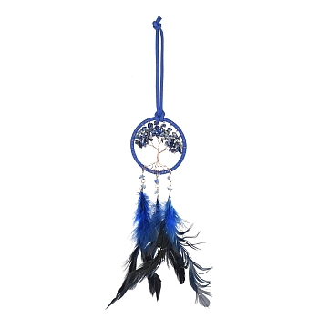 Iron Woven Web/Net with Feather Pendant Decorations, Lapis Lazuli Tree of Life Hanging Ornament, with Plastic Beads and Cloth, Flat Round, Dark Blue, 380mm