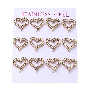 PVD Vacuum Plating 304 Stainless Steel Stud Earring, with Rhinestone, Heart, Rose Gold, 13x14mm, 12pcs/set