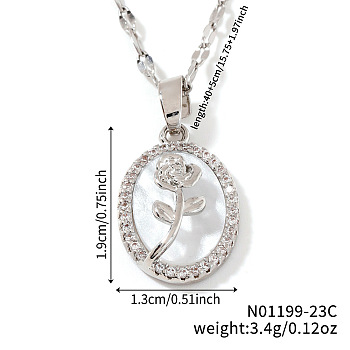 Elegant Brass Clear Cubic Zirconia Rose Oval Pendant Necklaces, Perfect for Christmas and Valentine's Day, Platinum, 15.75 inch(40cm)