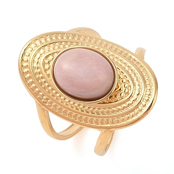 Oval Natural Rhodonite Finger Rings, Ion Plating(IP) 304 Stainless Steel Cuff Rings for Women, Soldered, Real 14K Gold Plated, 24mm, Gemstone: 11.5x9.5mm, Adjustable