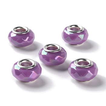 Opaque Brass Cores Acrylic European Beads, Rondelle, Large Hole Bead, Faceted, Silver, Medium Orchid, 15x9mm, Hole: 5mm