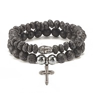 2Pcs 2 Style Natural Lava Rock & Synthetic Hematite Stretch Bracelets Set with 304 Stainless Steel Buddhist Head & Cross, Essential Oil Gemstone Jewelry for Women, Antique Silver, Inner Diameter: 1-7/8~2 inch(4.7~5.2cm), 1Pc/style(BJEW-JB08289)
