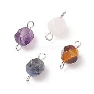 Faceted Natural Mixed Stone Connector Charms, with Platinum Tone 304 Stainless Steel Double Loops, Star Cut Round, 15x7.5~8x7.5~8mm, Hole: 1.8mm(PALLOY-JF01693)