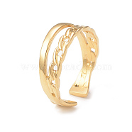 Ion Plating(IP) 304 Stainless Steel Double Line Open Cuff Ring for Women, Real 14K Gold Plated, Inner Diameter: 18mm(RJEW-I096-13G)