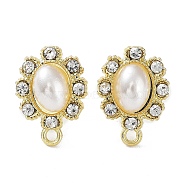 Rack Plating Alloy Rhinestone Stud Earring Finds, with ABS Plastic Imitation Pearl, with Horizontal Loop, Oval, Golden, 16x12mm, Hole: 1.6mm, Pin: 0.7mm(X-PALLOY-Q458-12G)