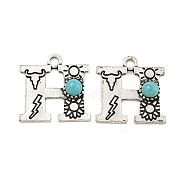 Synthetic Turquoise & Alloy Pendants, Letter Charms, Antique Silver, Letter H, 25x24x5mm, Hole: 3mm(PALLOY-H146-01AS-H)