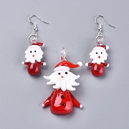 Christmas Handmade Lampwork Jewelry Sets, Dangle Earrings and Pendants, with Brass Earring Hooks and Jump Rings, Santa Claus, Red, Earring: 56mm, Pin: 0.6mm, Pendant: 54x32x15mm, Hole: 6.5mm(SJEW-G076-02P)
