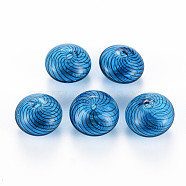 Transparent Handmade Blown Glass Globe Beads, Stripe Pattern, Flat Round, Dodger Blue, 15.5~17.5x10~12mm, Hole: 1~2mm(GLAA-T012-19B)