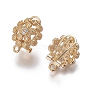 Brass Micro Pave Cubic Zirconia Stud Earring Findings, French Clip Earrings, with Loop, Flower, Clear, Golden, 19x14.5x12mm, Hole: 1.8mm, Pin: 0.7mm(KK-O121-15G)